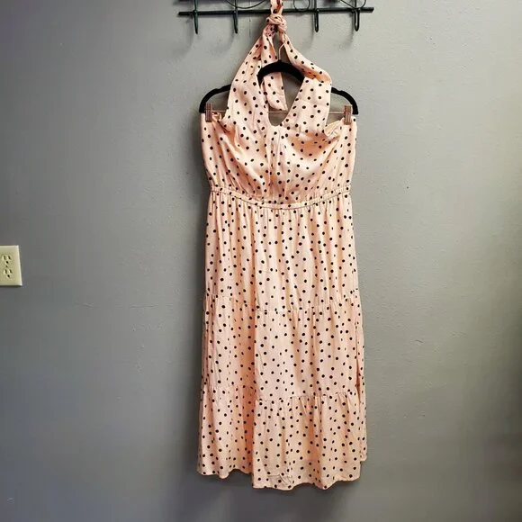 Maurices | Dresses | Maurices Maxi Sundress Women Size L Peach Black Polka  Dot Halter Elastic Back